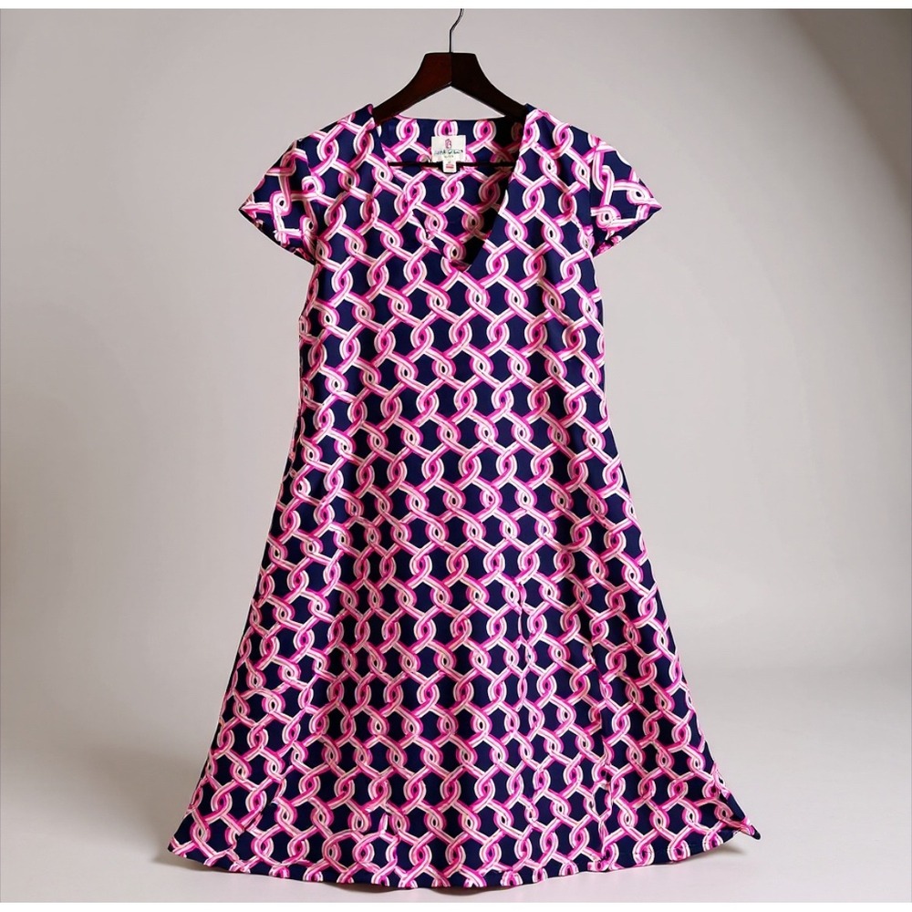 Julie Brown NYC Pink Navy Geometric Shift Dress Small V Neck Work Office